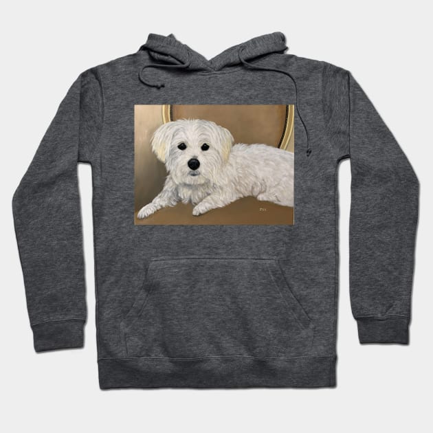 Maltese dog oil portrait. Little white dog with black button eyes and nose. Hoodie by KarenZukArt